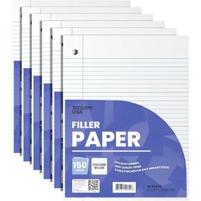 Notebook Paper, Loose Leaf College Ruled 10.5'' x 8'', Filler 56 gsm, 150 Sheets Per Pack, 1800 (12 Pack)