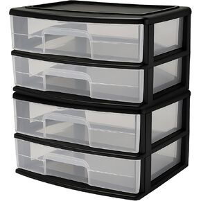 HOMZ 2-Pack 2-Drawer Storage Cart, Clear Plastic Drawers, 14.25" Wide Medium, Black Frame - Organizing Drawer Containers for Home, Bathroom, Bedroom, Office, and Classroom