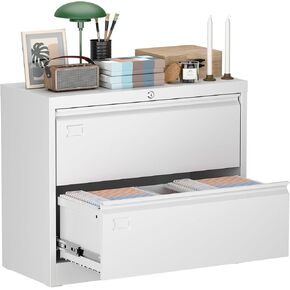 Aobabo Metal 2 Drawer Lateral File Cabinet with Lock, Large Deep Drawer with Adjustable File Bars for Office,Home, 34.5 Inches Wide for Letter/Legal Size, White, Assembly Required