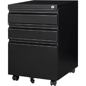 Yizosh 3 Drawer Mobile File Cabinet with Lock, Black Under Desk Rolling Filing Cabinet, Metal Locking File Cabinet on Wheels for Legal/Letter/A4 File (Full Assemble)