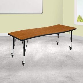 EMMA + OLIVER Mobile 26" W x 60" L Wave Flexible Collaborative Oak Kids Adjustable Activity Table