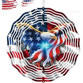 American Flag Wind Spinner-12 Inch 3D Garden Decoration USA Flag Eagle Christian Cross Outdoor Indoor Stainless Steel Hanging Wind Spinner Yard Gifts for Women Birthday Mom Friends Neighbors