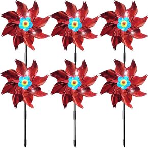 Sparkly Reflective Pinwheels with Stakes, Wind Spinners Outdoor Bird Scare Devices, Foil Pin Wheel Holographic Whirl Windmill for Yard Garden Decor Garden Wind Spinner 6 Packs - Silver