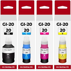 G6020 G7020 GI-20 Ink Refill Bottles Kit Compatible with Canon PIXMA G6020 G7020 G5020 MegaTank Printer for Canon 20 GI-20 GI20 GI 20 Ink Bottle Refill Dye Printer Ink Black Cyan Magenta Yellow 4 Pack