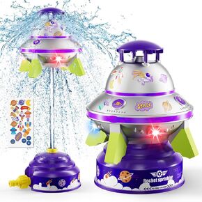 UFO Water Sprinkler for Kids, Water Rocket Toy Outdoor Summer Play W/Light & Spin, Adjustable Height Water Launcher, DIY Space Sticker, Backyard Lawn Gift for Girls Boys 3-12 Year Old Purple