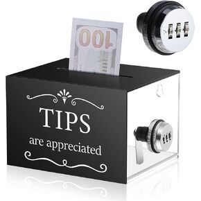 Vesici Acrylic Tips Jar with Combination Lock Donation Tip Bucket 6 x 4 x 5 Inch Collection Money Storage Container Suggestion Box Raffle Cash Box for Bartender Bars Restaurants Musicians Driver Coin