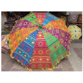 Atrective Indian Fine Handmade Embriodery Decorative Garden Umbrella Parasols, Large Decorative Handcrafted Wedding Umbrellas, Umbrellas for Beach. (White & yellow elephant)