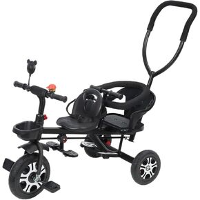 Double Kids Tandem Tricycle Double Children Tricycle for Riders Ages 2+, Kids Tandem Trike for Preschool Playground ​Daycare Toddler Trolley Trike Tandem Stroller for Baby Black