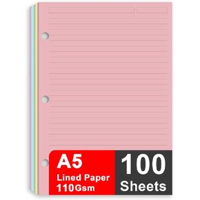 A5 Filler Paper, 3 Hole Notebook Refills Paper for 3 Ring Refillable Binder, 110 Gsm 5-Color Loose Leaf Planner Refill Paper, 100 Sheets/200 Pages, 5.7 x 8.3 Inch