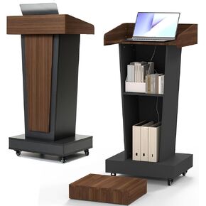 Wooden Podium Stand with Wheels, Stool and 2 Tier Storage, Lectern Presentation Church Classroom, 16MM Wood Board with Heavy Base (Brown/Grey)