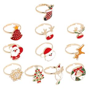 11pcs Stretch Adjustable Ring Snowman Claus Snowflake Jewels Joint Enamel Gold and Girls Creative Pretend Rings Knuckle Xmas Crystal Women Tree Play Cartoon Reindeer