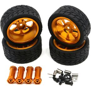 ZEZEFUFU 4PCS Gold Wheels Rim Hubs + Rubber Tires RC Car Metal Parts for Wltoys 144001