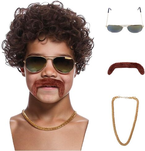 Brown Wig for Boys Kids Disco Wigs Short Curly Brown 70'S Costumes Child Afro Wigs Synthetic hair for Halloween Party (Wig+ Glasses+ Necklace+ Mustache) in Saudi Arabia
