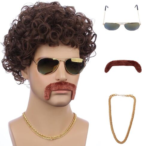 Brown Wig for Boys Kids Disco Wigs Short Curly Brown 70'S Costumes Child Afro Wigs Synthetic hair for Halloween Party (Wig+ Glasses+ Necklace+ Mustache) in Saudi Arabia