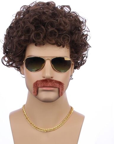 Brown Wig for Boys Kids Disco Wigs Short Curly Brown 70'S Costumes Child Afro Wigs Synthetic hair for Halloween Party (Wig+ Glasses+ Necklace+ Mustache) in Saudi Arabia