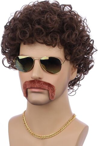 Brown Wig for Boys Kids Disco Wigs Short Curly Brown 70'S Costumes Child Afro Wigs Synthetic hair for Halloween Party (Wig+ Glasses+ Necklace+ Mustache) in Saudi Arabia