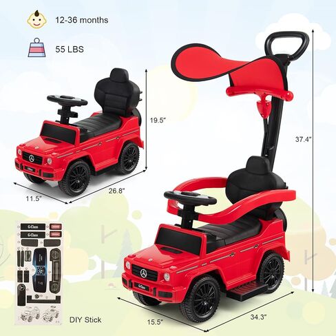 Costzon Push Car for Toddlers, 3 in 1 Mercedes Benz Stroller Sliding Walking Car w/Canopy, Handle, Armrest Guardrail, Underneath Storage, Horn Sound, Foot-to-Floor Ride On Toy for Boys Girls (Pink) in Saudi Arabia