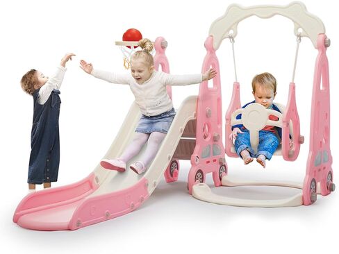 4 in 1 Slide Climber Swing Set, Freestanding Toddler Slide Climber Playset with Basketball Hoop, Toddler Playground Indoor Outdoor, Easy Setup (Red) in Saudi Arabia