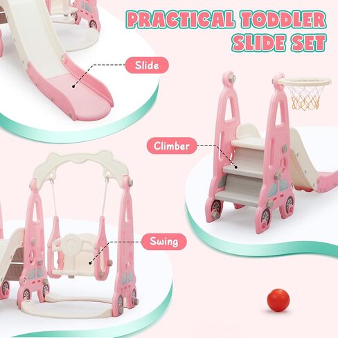 4 in 1 Slide Climber Swing Set, Freestanding Toddler Slide Climber Playset with Basketball Hoop, Toddler Playground Indoor Outdoor, Easy Setup (Red) in Saudi Arabia