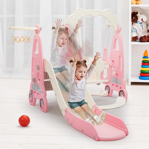 4 in 1 Slide Climber Swing Set, Freestanding Toddler Slide Climber Playset with Basketball Hoop, Toddler Playground Indoor Outdoor, Easy Setup (Red) in Saudi Arabia