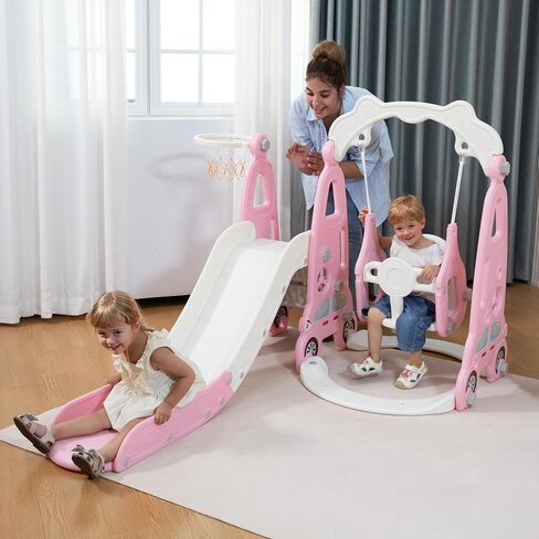 4 in 1 Slide Climber Swing Set, Freestanding Toddler Slide Climber Playset with Basketball Hoop, Toddler Playground Indoor Outdoor, Easy Setup (Red) in Saudi Arabia