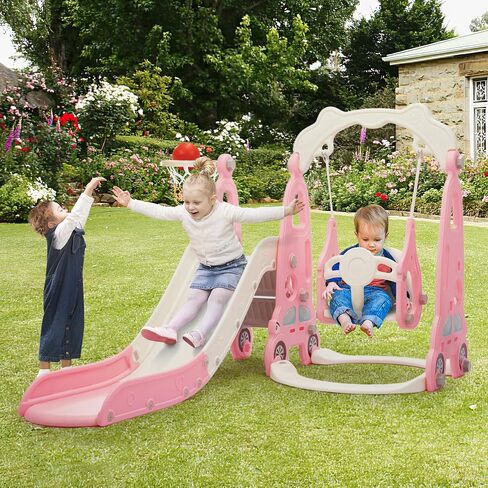 4 in 1 Slide Climber Swing Set, Freestanding Toddler Slide Climber Playset with Basketball Hoop, Toddler Playground Indoor Outdoor, Easy Setup (Red) in Saudi Arabia