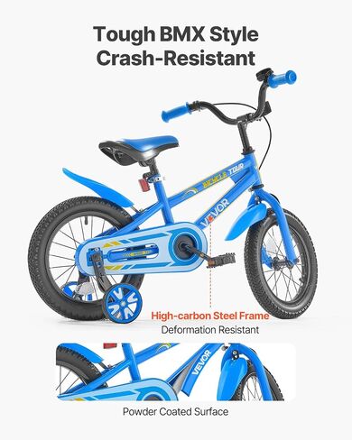 VEVOR Kids Bike, 14 Inches BMX Style Children Bicycle, Rider Height 2.95 ft - 3.77 ft, Training Wheels Included, Sturdy and Easy to Assemble, Toddler Bike for Boys & Girls Learning to Ride, Blue in Saudi Arabia