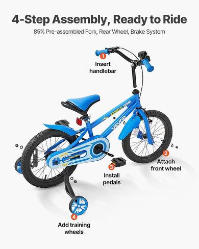 VEVOR Kids Bike, 14 Inches BMX Style Children Bicycle, Rider Height 2.95 ft - 3.77 ft, Training Wheels Included, Sturdy and Easy to Assemble, Toddler Bike for Boys & Girls Learning to Ride, Blue in Saudi Arabia