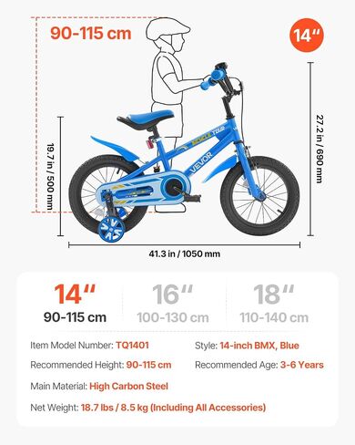 VEVOR Kids Bike, 14 Inches BMX Style Children Bicycle, Rider Height 2.95 ft - 3.77 ft, Training Wheels Included, Sturdy and Easy to Assemble, Toddler Bike for Boys & Girls Learning to Ride, Blue in Saudi Arabia