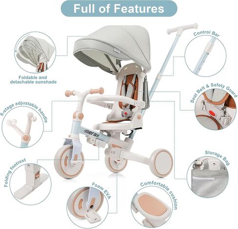 7 in 1 Baby Tricycle Toddler Trike Collapsible Frame Kid Rider Removable Pedal Ages 1Y-6Y in Kuwait