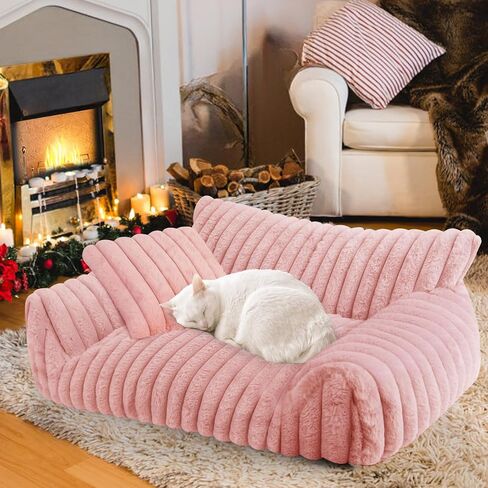 Cute Cat Couch Bed for Indoor Cats, Fluffy Pet Cat Sofa with Premium Soft Corduroy Fleece, Cute Small Dog Beds for Small Dogs, Fuzzy Puppy Chair with Removable Washable Cover (24x18x10,Pink) in Saudi Arabia