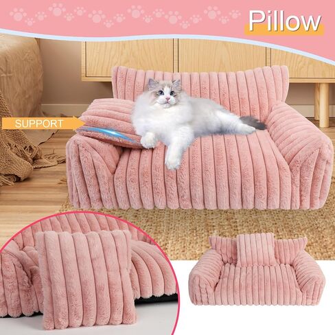 Cute Cat Couch Bed for Indoor Cats, Fluffy Pet Cat Sofa with Premium Soft Corduroy Fleece, Cute Small Dog Beds for Small Dogs, Fuzzy Puppy Chair with Removable Washable Cover (24x18x10,Pink) in Saudi Arabia