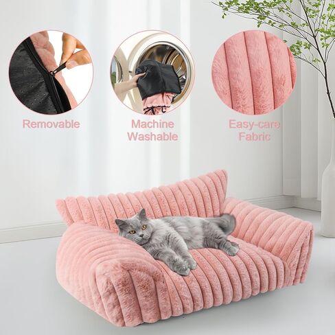 Cute Cat Couch Bed for Indoor Cats, Fluffy Pet Cat Sofa with Premium Soft Corduroy Fleece, Cute Small Dog Beds for Small Dogs, Fuzzy Puppy Chair with Removable Washable Cover (24x18x10,Pink) in Saudi Arabia