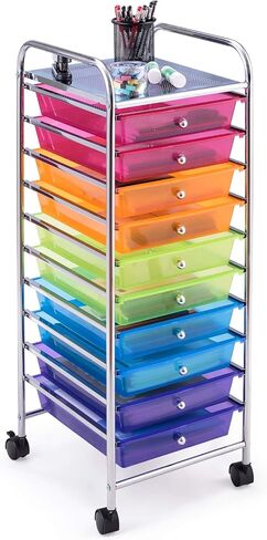 Happygrill 10-Drawer Storage Cart, Utility Cart with Removable Drawers & Metal Frame, Rolling Storage Cart with Lockable Wheels for Home, Office, Rainbow in Saudi Arabia
