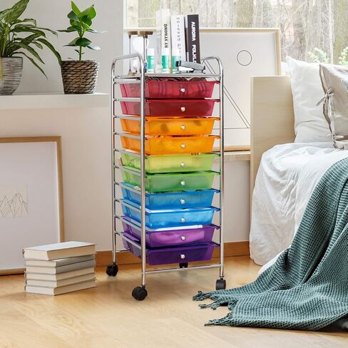 Happygrill 10-Drawer Storage Cart, Utility Cart with Removable Drawers & Metal Frame, Rolling Storage Cart with Lockable Wheels for Home, Office, Rainbow in Saudi Arabia