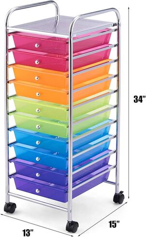 Happygrill 10-Drawer Storage Cart, Utility Cart with Removable Drawers & Metal Frame, Rolling Storage Cart with Lockable Wheels for Home, Office, Rainbow in Saudi Arabia