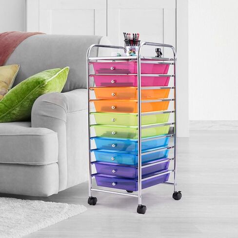 Happygrill 10-Drawer Storage Cart, Utility Cart with Removable Drawers & Metal Frame, Rolling Storage Cart with Lockable Wheels for Home, Office, Rainbow in Saudi Arabia