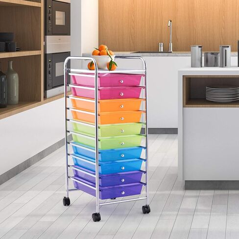 Happygrill 10-Drawer Storage Cart, Utility Cart with Removable Drawers & Metal Frame, Rolling Storage Cart with Lockable Wheels for Home, Office, Rainbow in Saudi Arabia