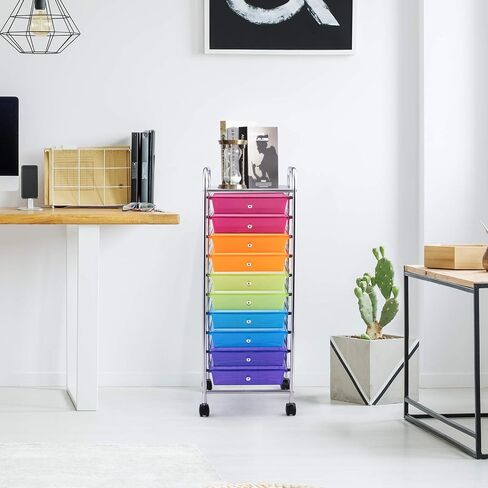 Happygrill 10-Drawer Storage Cart, Utility Cart with Removable Drawers & Metal Frame, Rolling Storage Cart with Lockable Wheels for Home, Office, Rainbow in Saudi Arabia