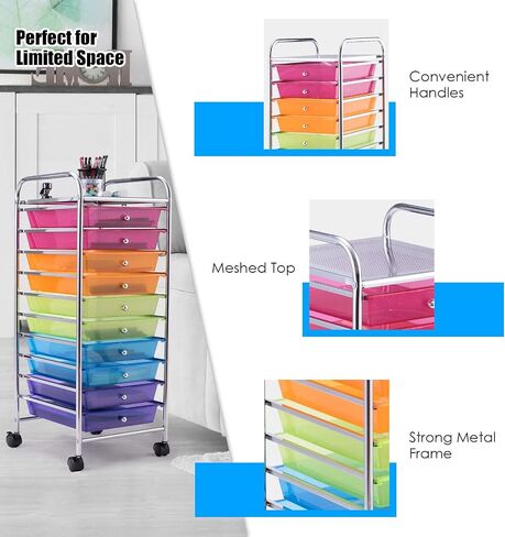 Happygrill 10-Drawer Storage Cart, Utility Cart with Removable Drawers & Metal Frame, Rolling Storage Cart with Lockable Wheels for Home, Office, Rainbow in Saudi Arabia