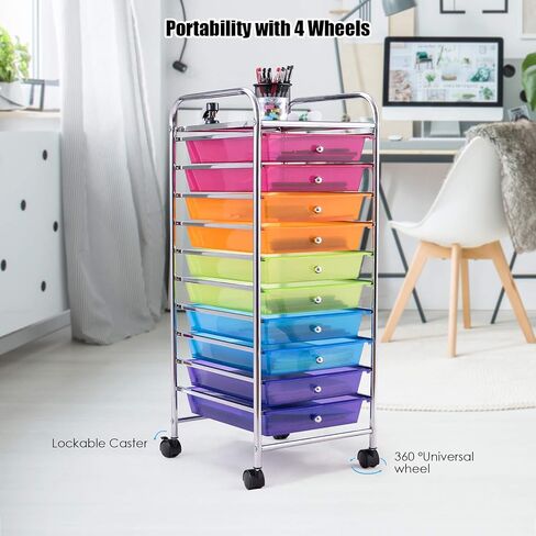 Happygrill 10-Drawer Storage Cart, Utility Cart with Removable Drawers & Metal Frame, Rolling Storage Cart with Lockable Wheels for Home, Office, Rainbow in Saudi Arabia