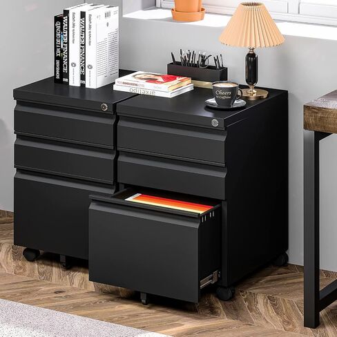 Yizosh 3 Drawer Mobile File Cabinet مع Lock ، Black Under Desk Rolling Failing Cabinet ، خزانة ملفات القفل المعدنية على عجلات للملف القانوني/الحروف/A4 (التجميع الكامل) in Kuwait