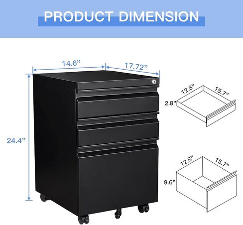 Yizosh 3 Drawer Mobile File Cabinet مع Lock ، Black Under Desk Rolling Failing Cabinet ، خزانة ملفات القفل المعدنية على عجلات للملف القانوني/الحروف/A4 (التجميع الكامل) in Kuwait