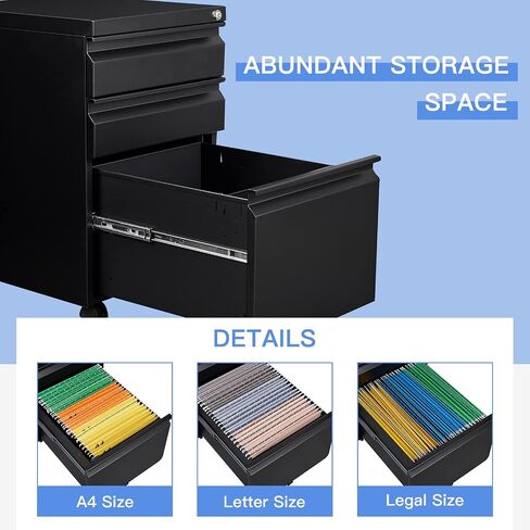 Yizosh 3 Drawer Mobile File Cabinet مع Lock ، Black Under Desk Rolling Failing Cabinet ، خزانة ملفات القفل المعدنية على عجلات للملف القانوني/الحروف/A4 (التجميع الكامل) in Kuwait