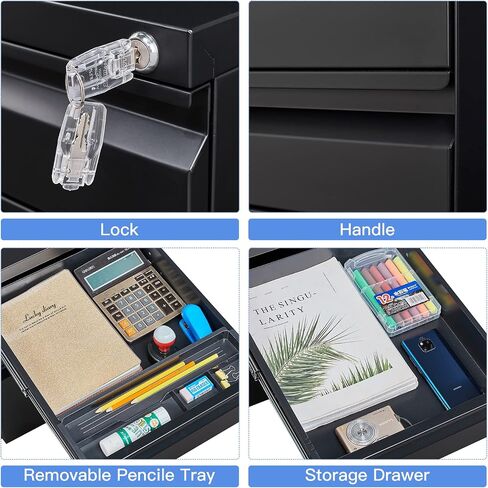 Yizosh 3 Drawer Mobile File Cabinet مع Lock ، Black Under Desk Rolling Failing Cabinet ، خزانة ملفات القفل المعدنية على عجلات للملف القانوني/الحروف/A4 (التجميع الكامل) in Kuwait
