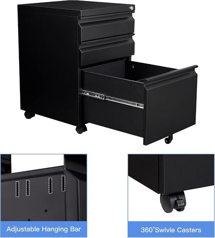 Yizosh 3 Drawer Mobile File Cabinet مع Lock ، Black Under Desk Rolling Failing Cabinet ، خزانة ملفات القفل المعدنية على عجلات للملف القانوني/الحروف/A4 (التجميع الكامل) in Kuwait