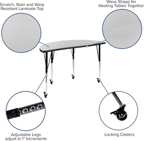 EMMA + OLIVER Mobile 47.5" Half Circle Wave Flexible Collaborative Grey Adjustable Height Activity Table in Saudi Arabia