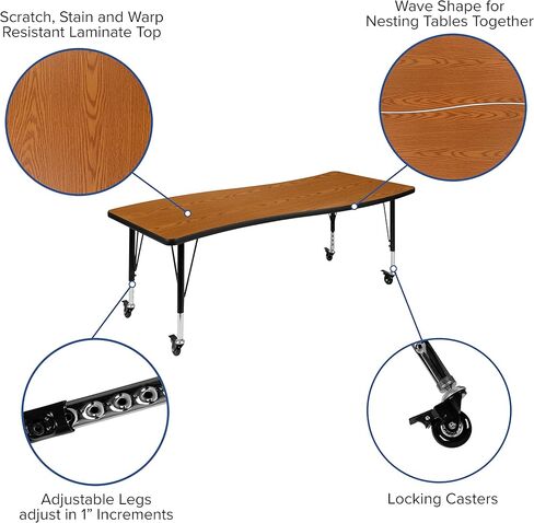 Emma + Oliver Mobile 26 "W X 60" L Wave Fensible Collaborative Oak Kids Adminible TABLE in Kuwait