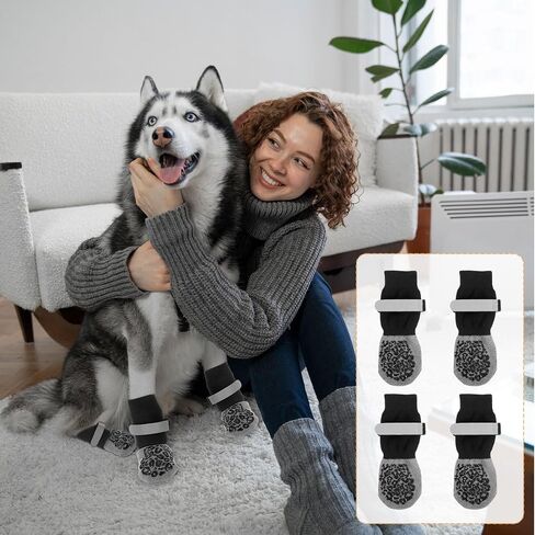4 Pcs Double Sided Dog Socks to Prevent Licking Paws, Dog Socks for Hardwood Floors Anti Slip, Paw Protector, Winter Warmth, Waterproof, Suitable for Indoor Wooden Floors, Outdoor, M, Gray in Saudi Arabia