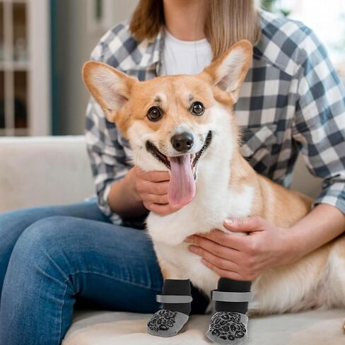 4 Pcs Double Sided Dog Socks to Prevent Licking Paws, Dog Socks for Hardwood Floors Anti Slip, Paw Protector, Winter Warmth, Waterproof, Suitable for Indoor Wooden Floors, Outdoor, M, Gray in Saudi Arabia